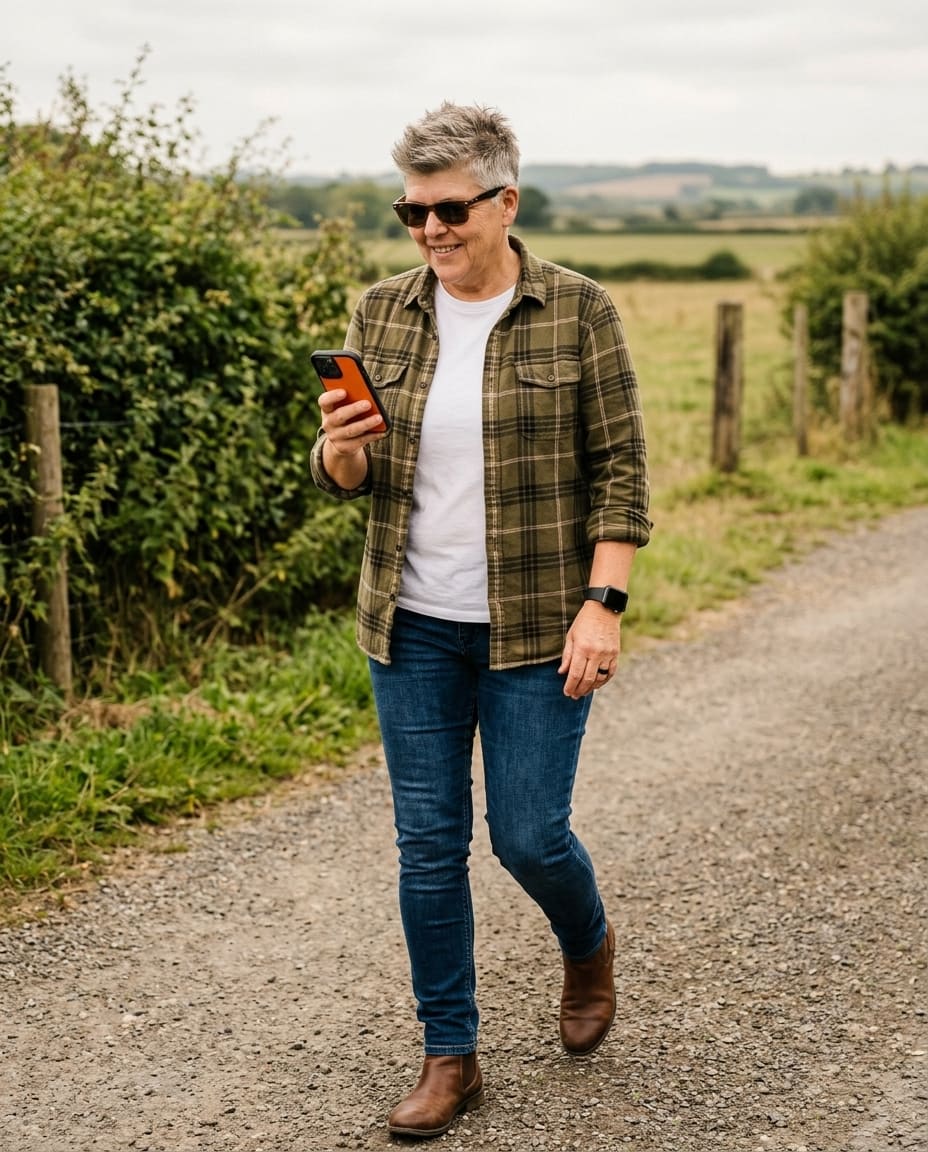 Josée walking a country road
