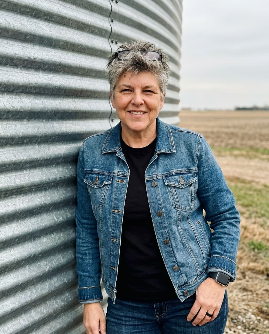 Josée leaning on a grain silo